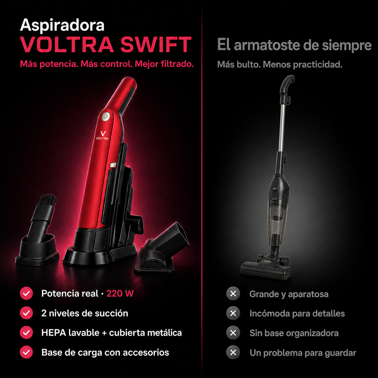 Aspiradora Voltra Swift | Alta Potencia - Filtro HEPA Metálico - Base de Carga