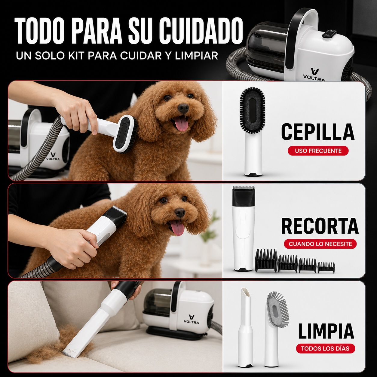Aspiradora para Mascotas Voltra | Kit Grooming Perros y Gatos