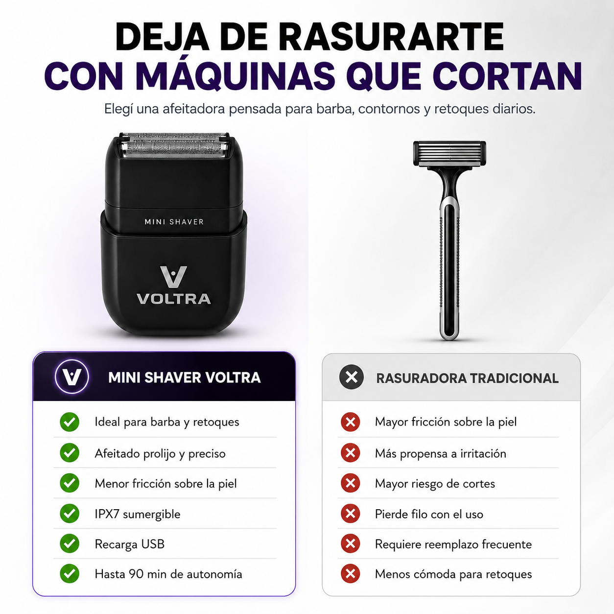 Mini Shaver Voltra│Afeitadora Facial Sumergible IPX7 (Barba y Cabello)