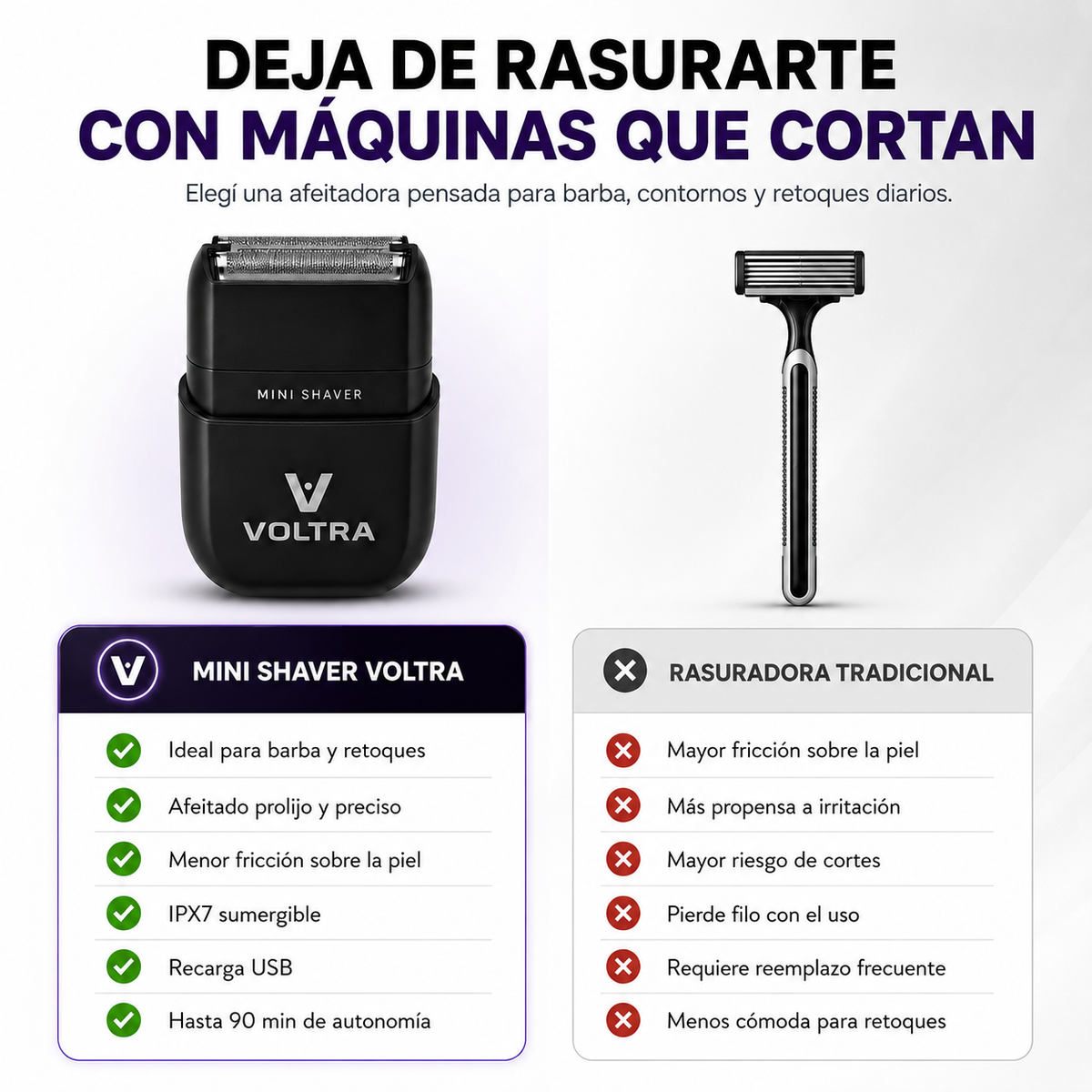 Mini Shaver Voltra│Afeitadora Facial Sumergible IPX7 (Barba y Cabello)