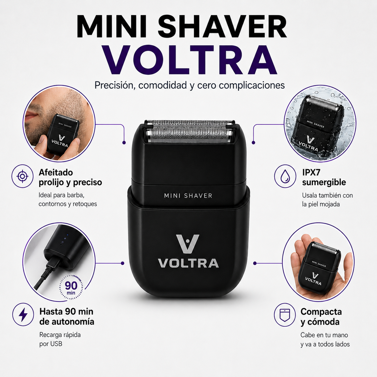 Mini Shaver Voltra│Afeitadora Facial Sumergible IPX7 (Barba y Cabello)