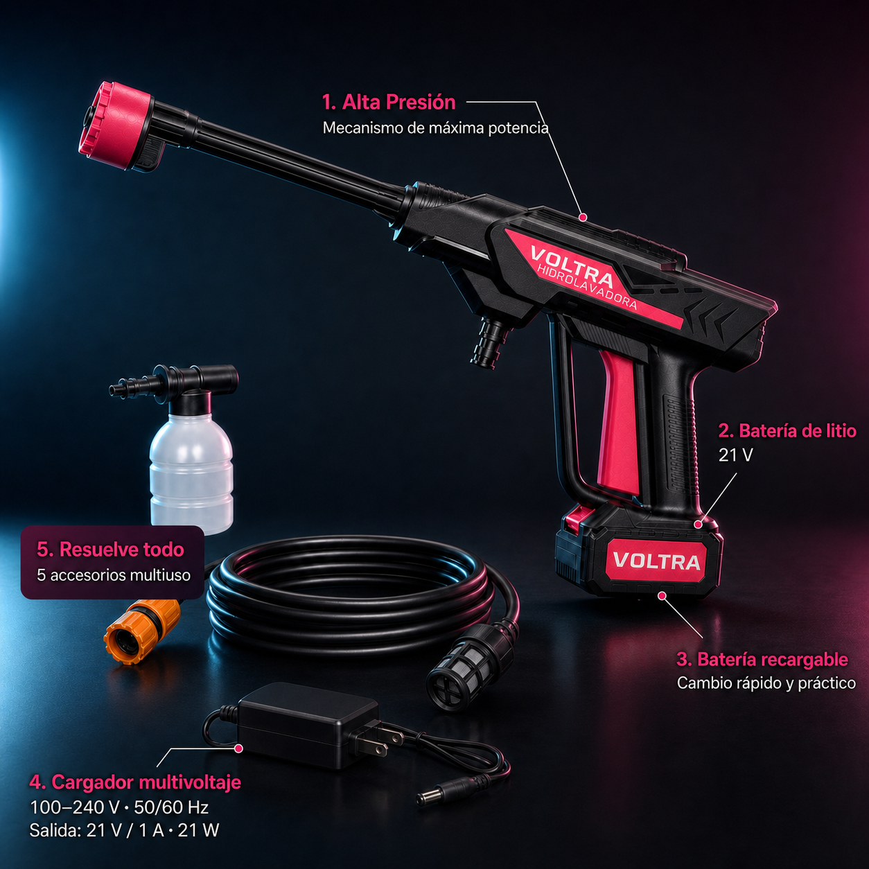 Hidrolavadora Voltra Portátil e Inalámbrica de Alta Presión | Kit Completo