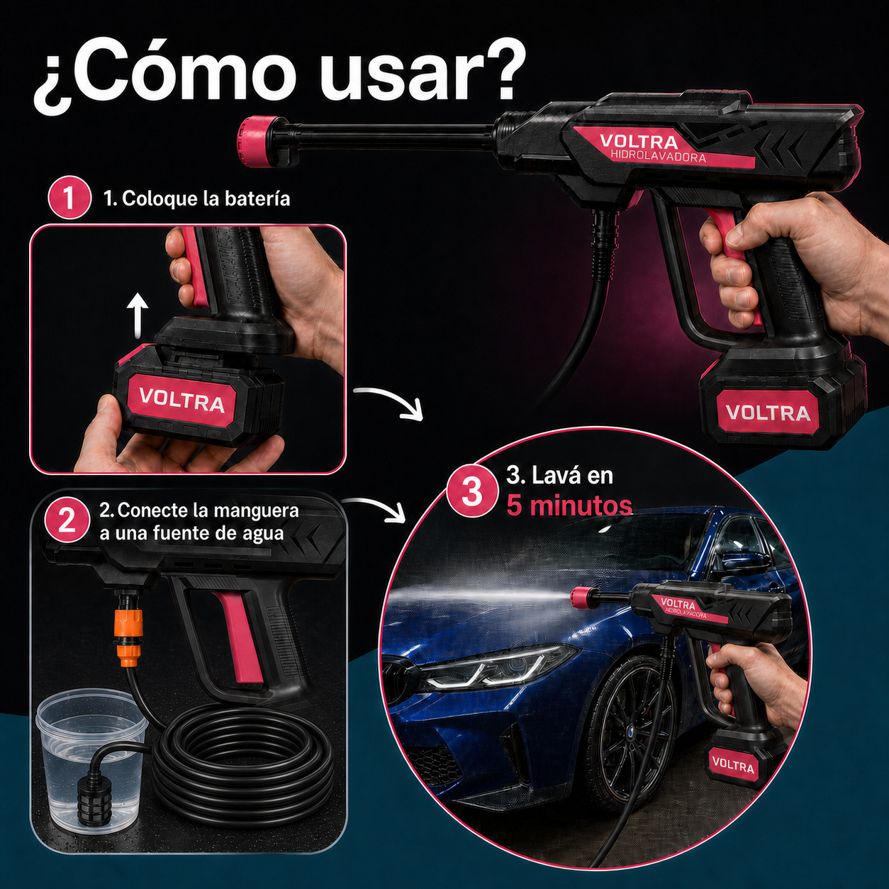 Hidrolavadora Voltra Portátil e Inalámbrica de Alta Presión | Kit Completo