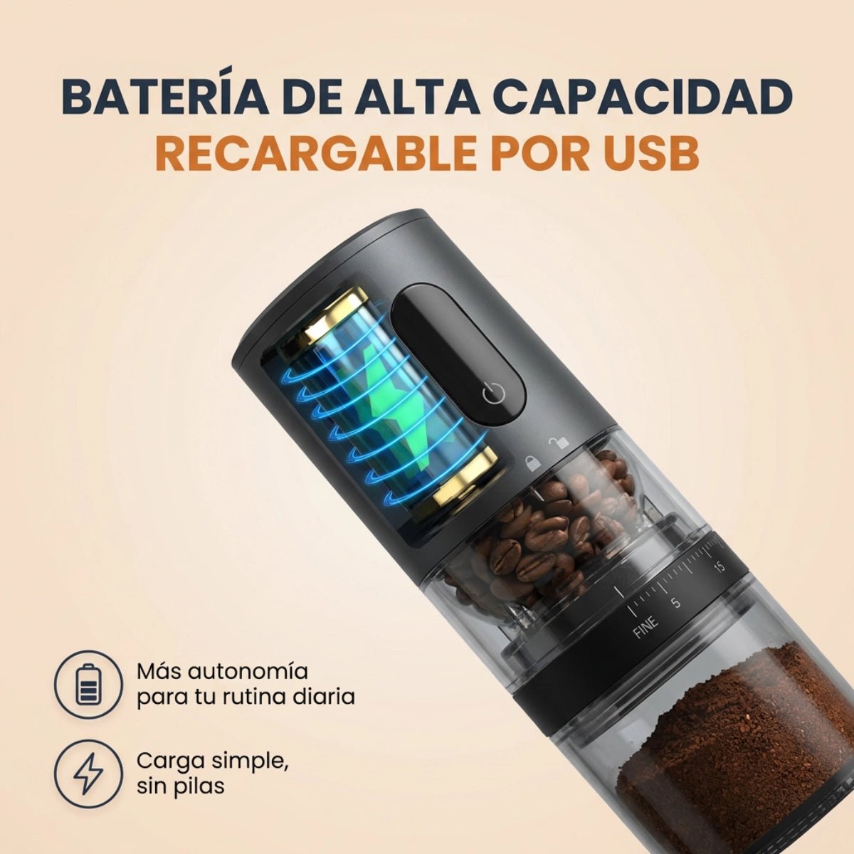 Molinillo de Café Eléctrico Portátil Recargable USB Voltra® (Molinillo + 150g Café Tostado AURA) - Voltra Argentina