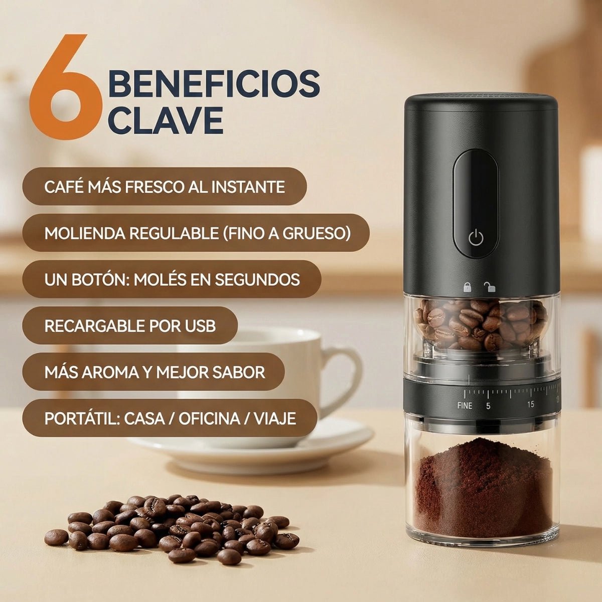 Molinillo de Café Eléctrico Portátil Recargable USB Voltra® (Molinillo + 150g Café Tostado AURA) - Voltra Argentina